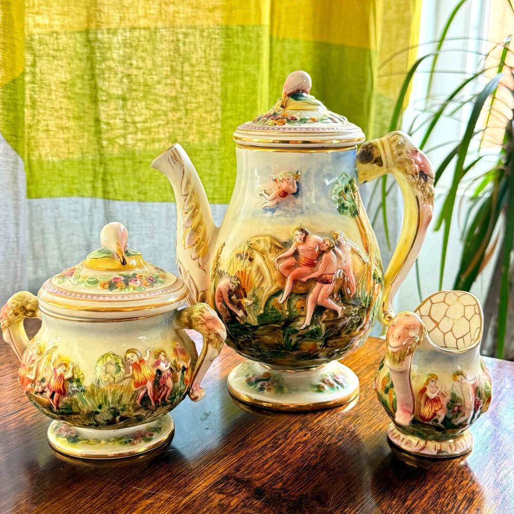 Set of Capodimonte Porcelain Demitasse Service Teapot , sugar bowl, creamer.